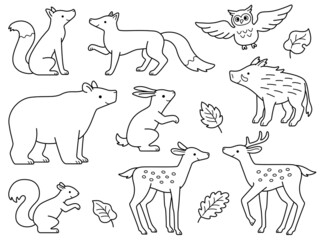 森の動物達の線画イラスト