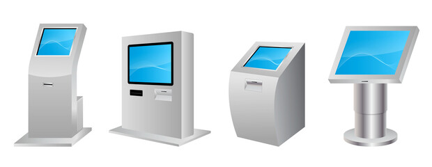 realistic digital informational kiosk interactive isolated, modern digital terminal kiosk system. eps - obrazy, fototapety, plakaty