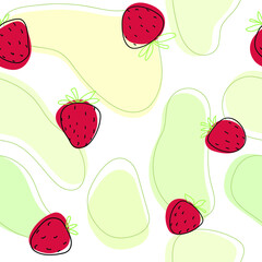 Hand drawn cute doodle strawberry white seamless  pattern. Red berry paper line green abstract.