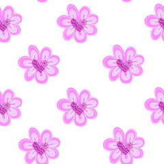 Hand drawn cute doodle pink hearts in flowers white seamless love pattern. For Valentine's Day, weddings.