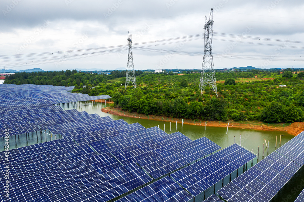 Wall mural aerial photographing industrial new energy solar pv panels at sunset