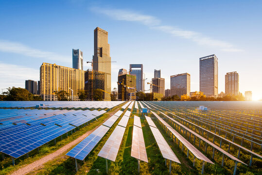 Eco-environmentally friendly green energy of sustainable development of solar power plant with nanchang skyline