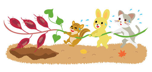 芋掘りをする動物たちのイラスト