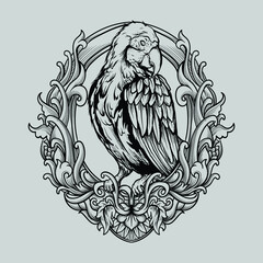 tattoo and t shirt design black and white hand drawn illustration macaw bird engraving ornament