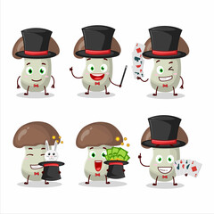 A cep mushroom Magician cartoon character perform on a stage