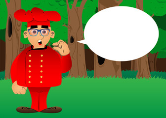 Fat male cartoon chef in uniform gesturing a small amount with hand. Vector illustration.