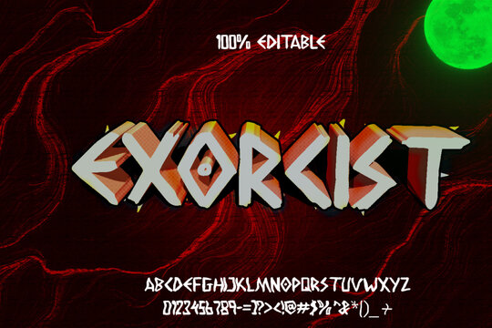 3d Horror Exorcist scary movie alphabet font. Typography ghost design for Halloween logo game fonts and number with Dark foggy strike green moon effect background. vector illustration