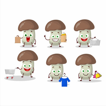 A Rich cep mushroom mascot design style going shopping