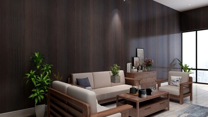 minimalist living room with 3d design interior for company wall logo mockup