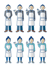 エプロン姿の男女の全身ポーズ