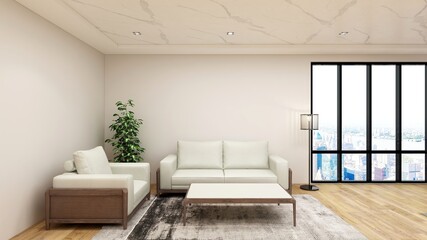 minimalist living room with 3d design interior for company wall logo mockup