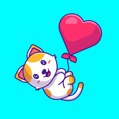 Cute Cat flying with Love Balloon Cartoon Illustration
