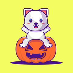 Cute Cat on Pumpkin Cartoon Illustration. Halloween Flat cartoon Style Concept