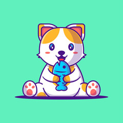 Cute Cat holding Fish Cartoon Illustration. Animal Flat cartoon Style Concept