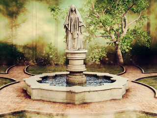 Fountain in a green park with a gothic statue of a woman. 3D render.