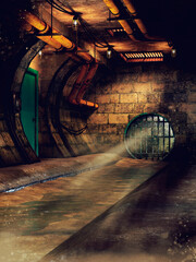 Old sewer corridor with electric lamps, door, and iron bars blocking the exit. 3D render. - 454251860