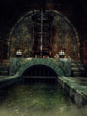 Dark fantasy sewer with fire burners and an old iron cage. 3D render.
