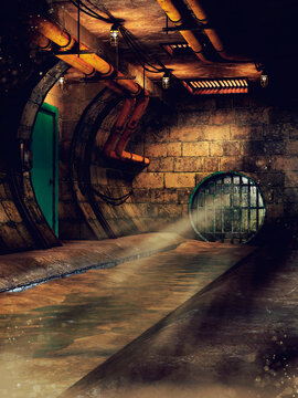 Old sewer corridor with electric lamps, door, and iron bars blocking the exit. 3D render.