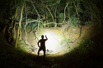 A trail runner using a flashlight in dark forest - obrazy, fototapety, plakaty
