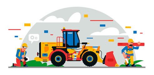 Construction equipment and workers at the site. Colorful background of geometric shapes and clouds. Builders, construction equipment, maintenance personnel, excavator, carpenter. Vector illustration.