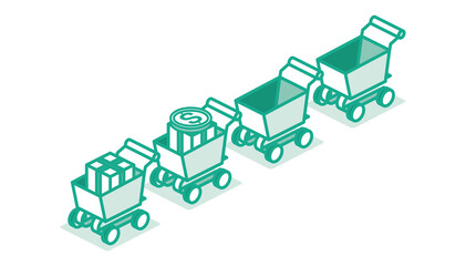 Isometric Shopping Supermarket Cart Standing in Row. Outline Concept.