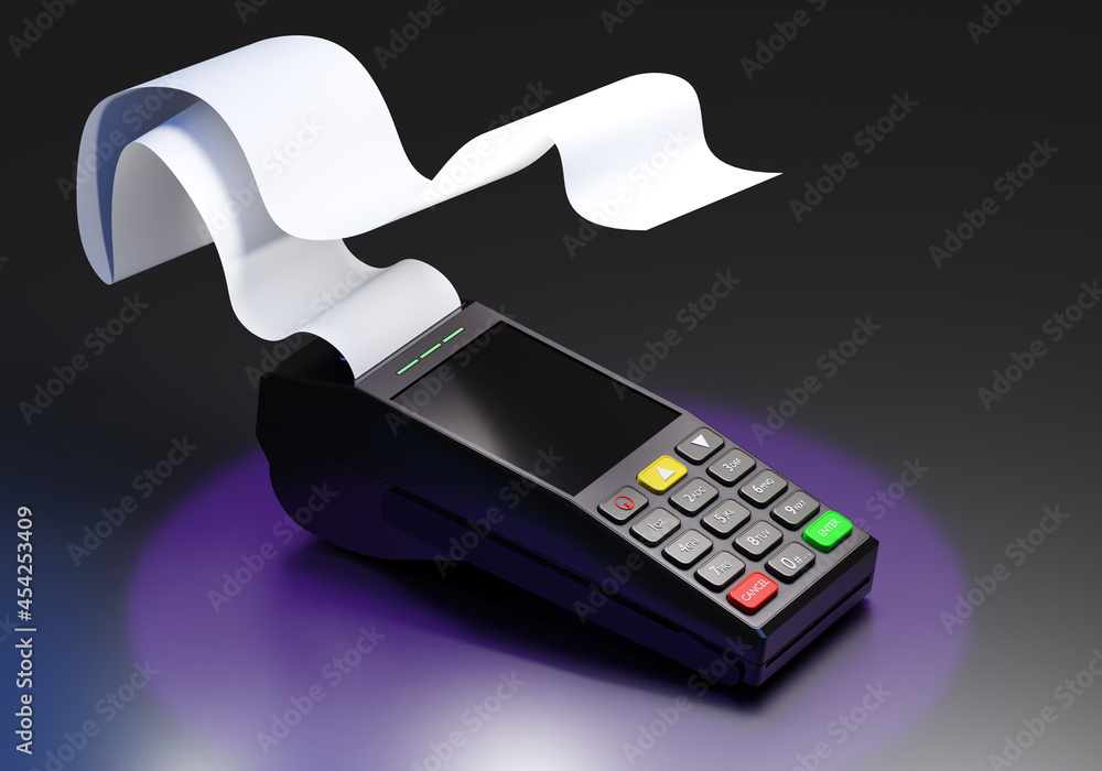 Poster pay terminal. payment terminal with off screen. evolving check tape next to him. concept - sale of p