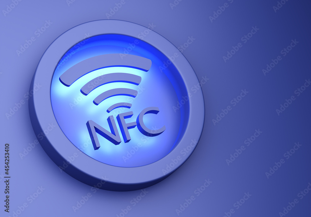 Poster nfc on purple background. concept - tag for nfc payment. three-dimensional payment label. near field