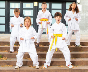 Young people doing kata during outdoor karate training.