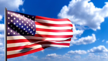 Obraz premium Flag of America on sunny sky background. Evolving USA banner. USA flag next to blue sky. USA banner next to clouds. Visualization of US flag. State symbol of United States of America.