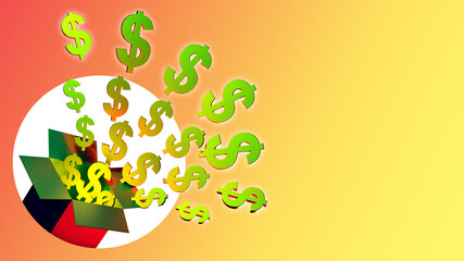 Jackpot illustration. Dollar logos are flying out of open box. Jackpot winning concept. Banner design for lottery. Winning jackpot in lottery. Space for inscription on orange background. 3d image
