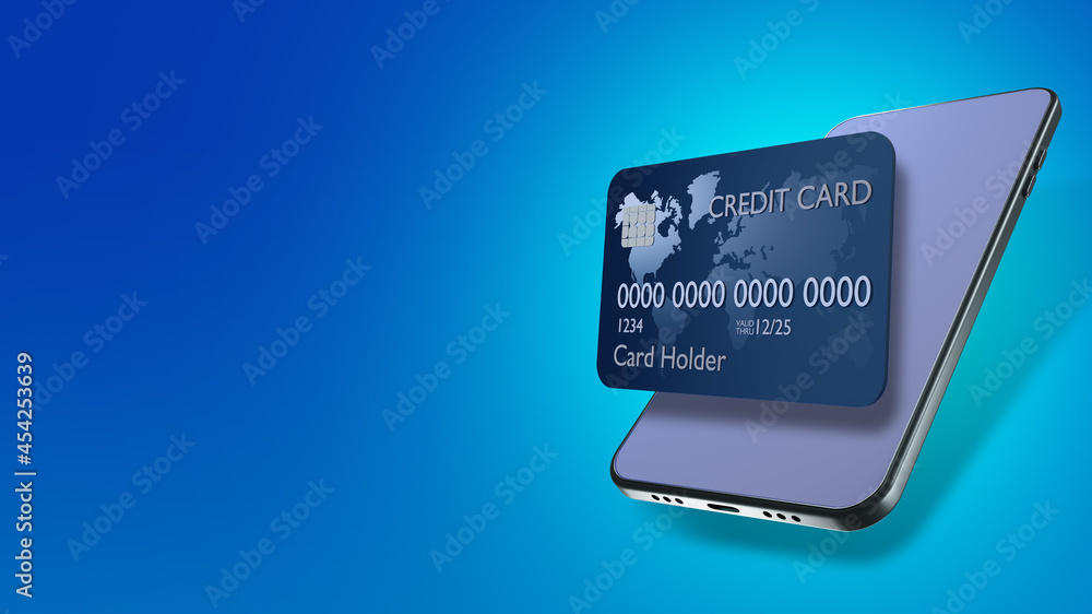 Poster credit card next to phone. concept of bank card linked to application. payment by credit card in app