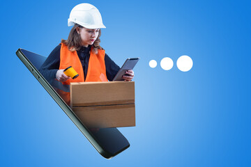 Employee of order fulfillment center. Girl with a cardboard box in her hands. She scans barcode to register shipment. Concept - technology fulfillment. Woman warehouse worker on blue background