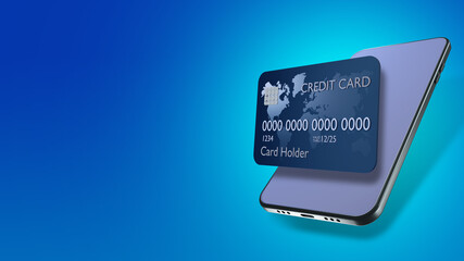 Credit card next to phone.  concept of bank card linked to application. Payment by credit card in applications. Payments using mobile application. Cellphone on blue background. 3d image.