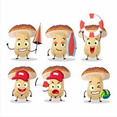 Happy Face new cep mushroom cartoon character playing on a beach