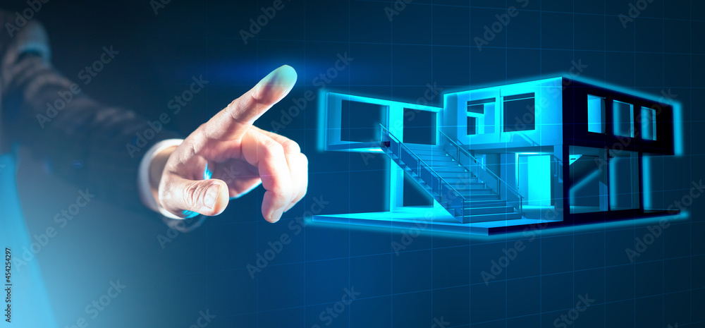 Poster architecture design concept. architecture project on virtual screen. architect hand reaches out to h
