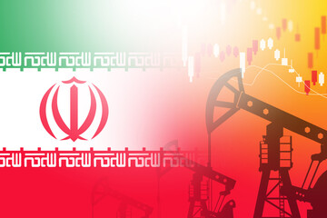 Oil industry of Iran. Iran flag and oil pumps. Quotes for Iranian petrolium. Concept of Iranian oil price fluctuations due to sanctions. Refusal to purchase Iran petrolium. 3d rendering.