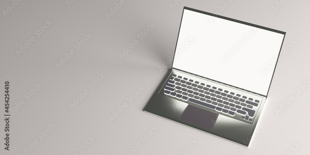 Poster laptop mockup with white screen. silver laptop top view. laptop mockup for advertising software or w