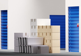 Storage room. Storage box in corridors. Self storage units lease. Boxes near closed gates. 3d image