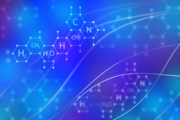 Obraz premium Background on theme of chemistry. Chemistry study concept. Blue to purple gradient with periodic table elements. Wallpaper on topic of study of chemistry. Scientific background for the site.
