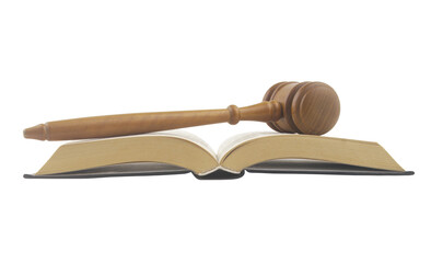 Judge gavel and open legal book isolated on white background