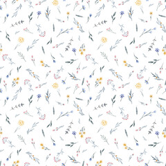 Beautiful floral seamless pattern with cute watercolor hand drawn wild flowers. Stock illustration.