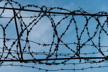 Barbed wire set on a fence against the background of the sky.