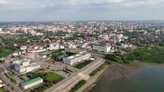 Aerial view of Tomsk city and Tom river. Summer in Siberia, Russia.