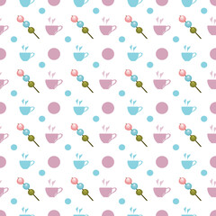 Japanese dessert colorful dango and cup of hot tea isolate on white background. Seamless pattern.