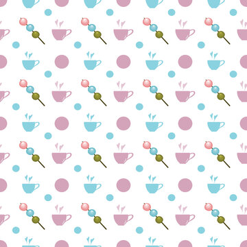 Japanese dessert colorful dango and cup of hot tea isolate on white background. Seamless pattern.