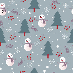 Seamless Christmas pattern with snowman, Christmas tree, pine leaves, berries, snowflakes and snow on a green background.  christmas background