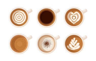 Top view coffee drink cups set. Vector illustration cartoon flat icon collection isolated on white background.