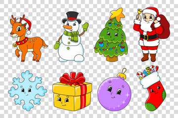 Set of stickers with cute cartoon characters. Winter clipart. Christmas theme. Colorful pack. Vector illustration. Patch badges collection for kids. For daily planner, organizer, diary.