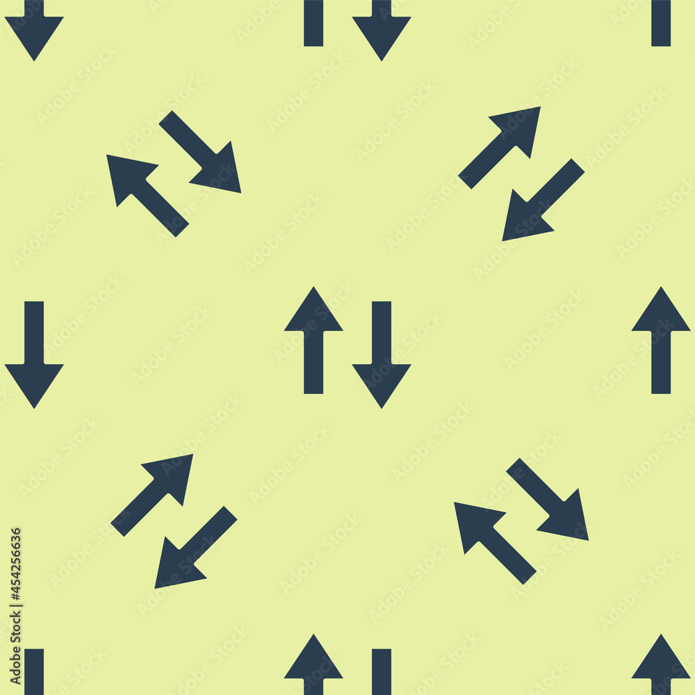 Poster blue arrow icon isolated seamless pattern on yellow background. direction arrowhead symbol. navigati