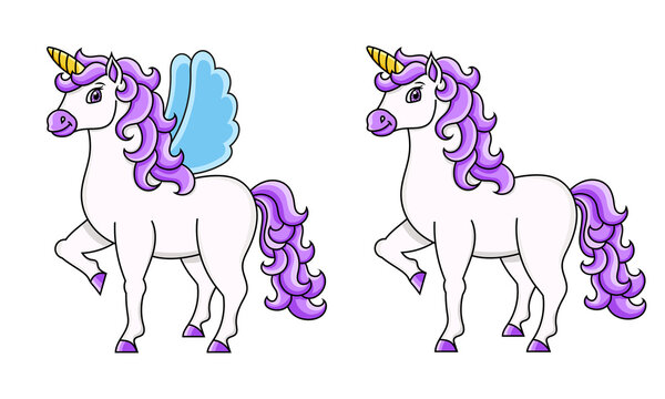 Cute unicorn with wings. Magic fairy horse. Cartoon character. Colorful vector illustration. Isolated on white background. Template for your design, books, stickers, cards, posters, clothes.